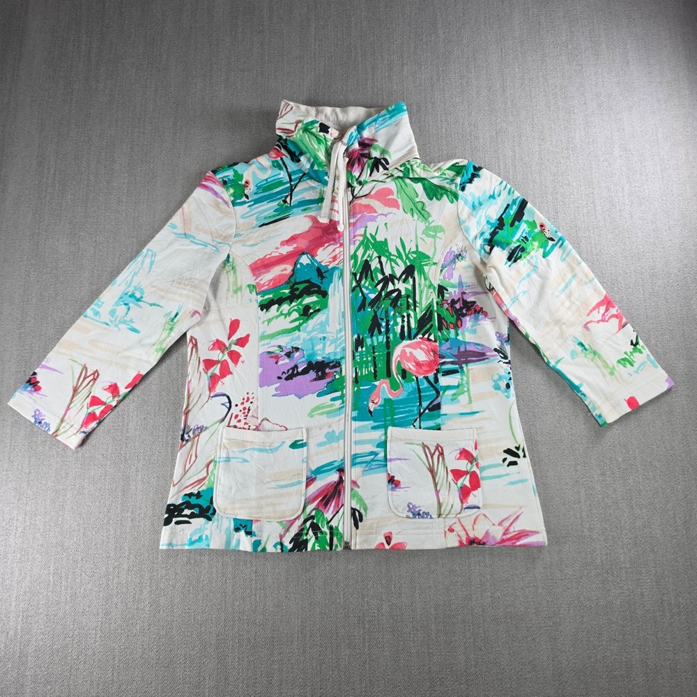 Onque Petite Zip Up Jacket Womens PS Multicolor Flamingo Tropical Print Funnel